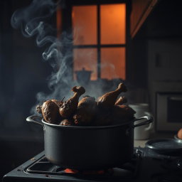 A dark, smoky kitchen scene with a large pot on a stovetop, filled with burnt chicken