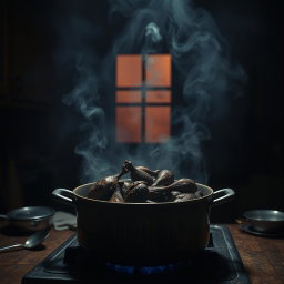 A dark, smoky kitchen scene with a large pot on a stovetop, filled with burnt chicken