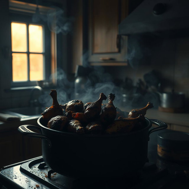 A dark, smoky kitchen scene with a large pot on a stovetop, filled with burnt chicken