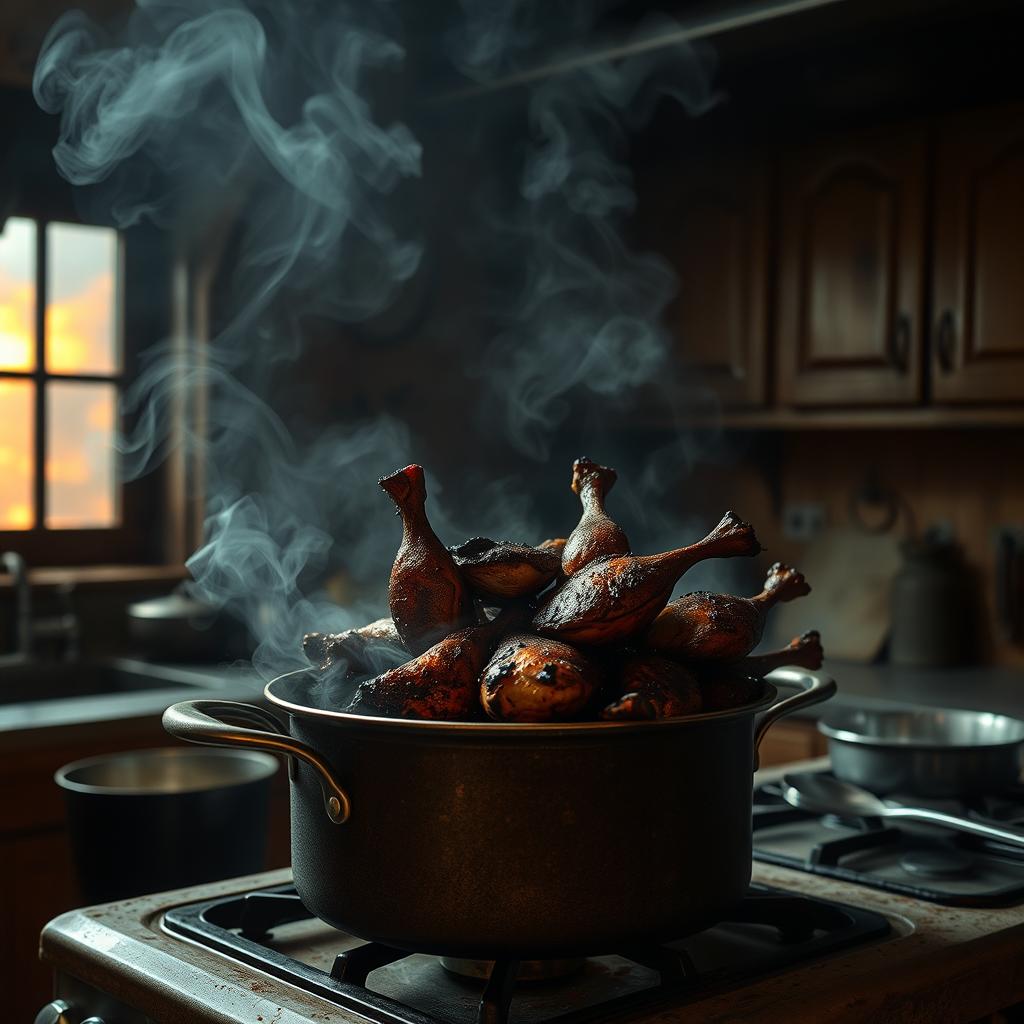 A dark, smoky kitchen scene with a large pot on a stovetop, filled with burnt chicken