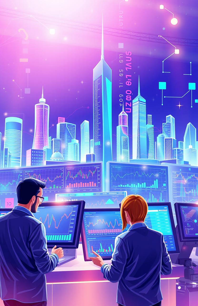 A vibrant and dynamic illustration showcasing a futuristic trading platform interface, filled with colorful graphs, charts, and trading indicators