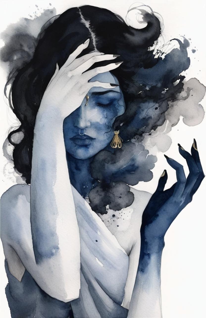 La Forma del Viento by Marián Carlo. Cover with golden Greek-style borders, in the center is the image of a woman painted in watercolors in blue, gray and black tones with an appearance of suffering. Her black hair rises to the top of the cover and her hands overlap the golden borders.