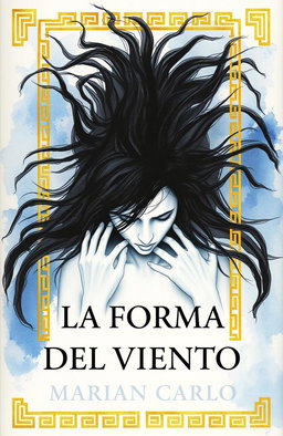 The cover of 'La Forma del Viento' by Marián Carlo features a woman in the center, depicted in watercolor with blue, gray, and black tones, conveying a sense of suffering