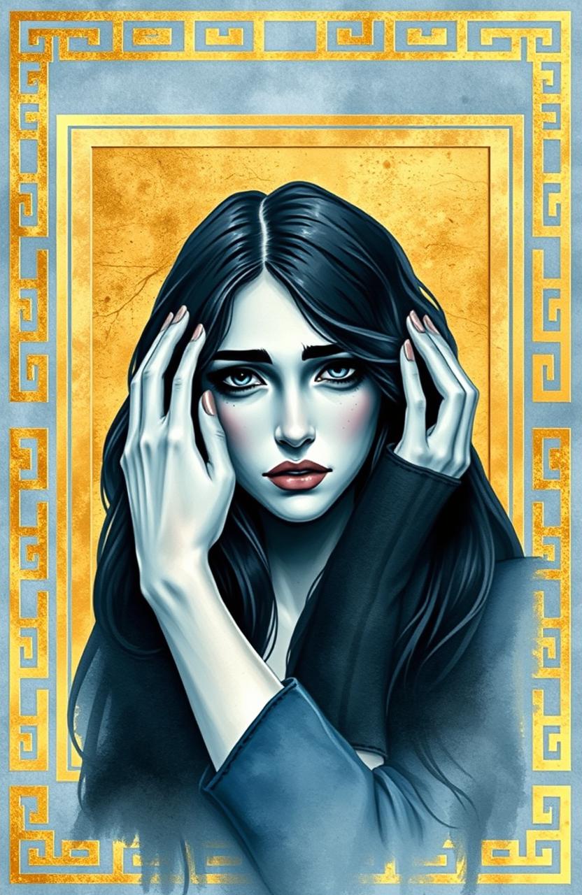A cover design featuring golden Greek-style borders framing a central image of a woman