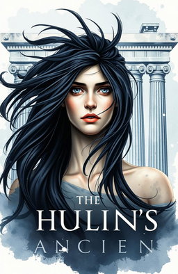 A book cover featuring an ancient Greek style, showcasing a woman in the center with dark eyes, exuding an aura of suffering