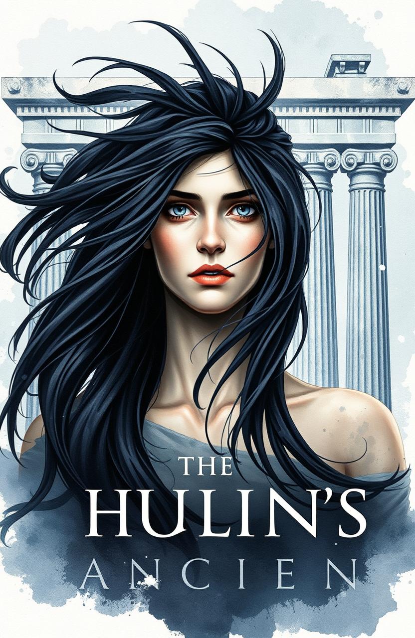 A book cover featuring an ancient Greek style, showcasing a woman in the center with dark eyes, exuding an aura of suffering