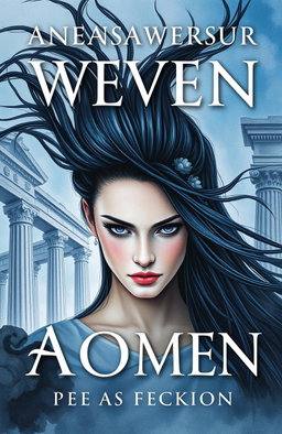 A book cover featuring an ancient Greek style, showcasing a woman in the center with dark eyes, exuding an aura of suffering