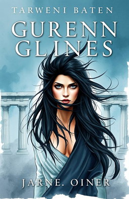 A book cover featuring an ancient Greek style, showcasing a woman in the center with dark eyes, exuding an aura of suffering