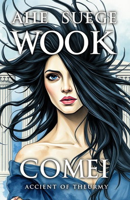 A book cover featuring an ancient Greek style, showcasing a woman in the center with dark eyes, exuding an aura of suffering