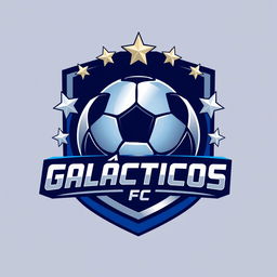 A dynamic and modern logo design for 'Galácticos FC', featuring a stylized football at the center, surrounded by stars to emphasize the 'galactic' theme