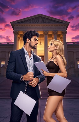 A compelling scene set in front of a grand courthouse, showcasing a man in handcuffs and a woman holding important documents