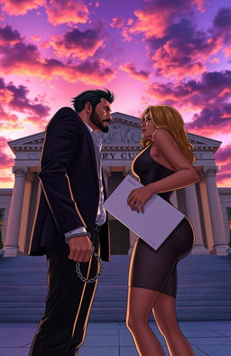 A compelling scene set in front of a grand courthouse, showcasing a man in handcuffs and a woman holding important documents