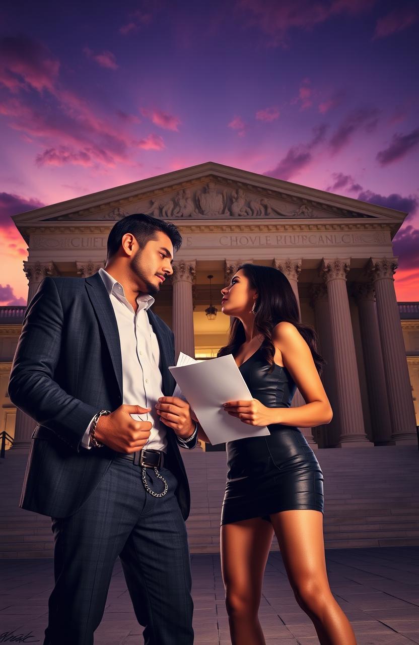 A compelling scene set in front of a grand courthouse, showcasing a man in handcuffs and a woman holding important documents