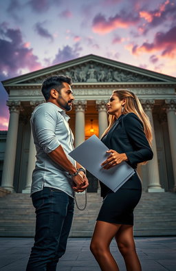 A compelling scene set in front of a grand courthouse, showcasing a man in handcuffs and a woman holding important documents