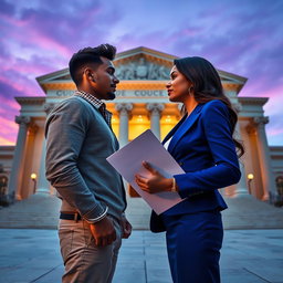 A captivating scene set in front of a majestic courthouse, featuring a man in handcuffs and a woman in a stylish blue suit holding important documents