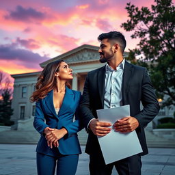 A captivating scene set in front of a majestic courthouse, featuring a man in handcuffs and a woman in a stylish blue suit holding important documents