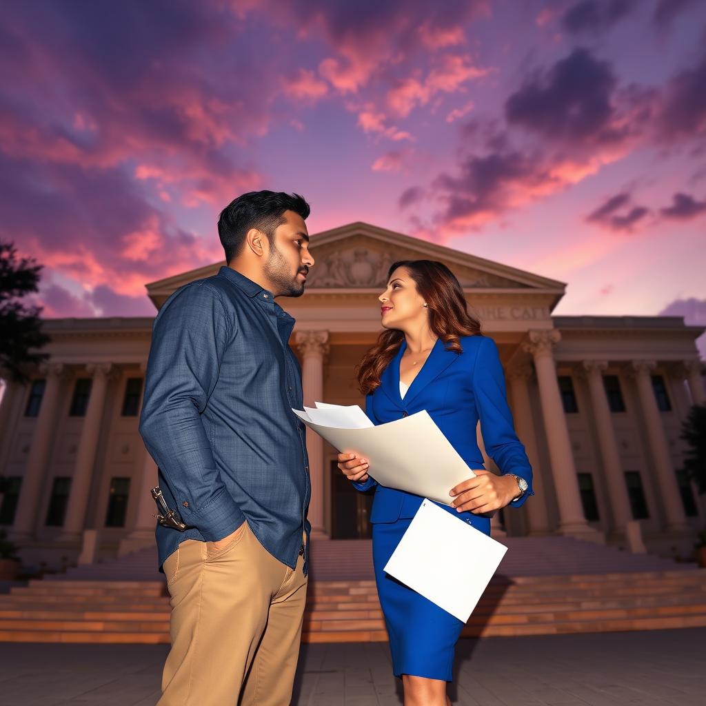 A captivating scene set in front of a majestic courthouse, featuring a man in handcuffs and a woman in a stylish blue suit holding important documents
