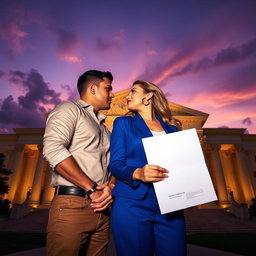 A captivating scene set in front of a majestic courthouse, featuring a man in handcuffs and a woman in a stylish blue suit holding important documents