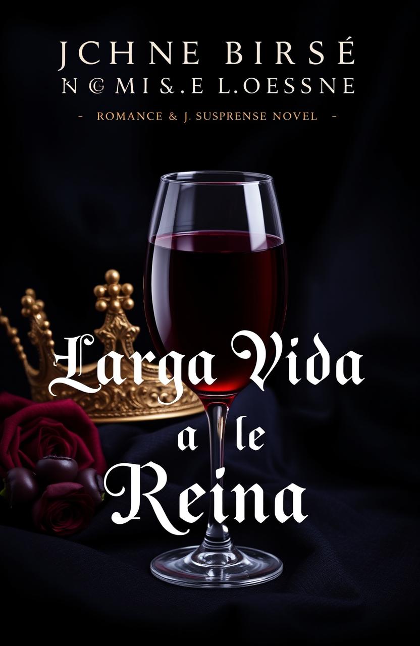 A book cover design for a romance and suspense novel titled 'Larga Vida a la Reina' (Long Live the Queen) featuring a luxurious yet intriguing theme