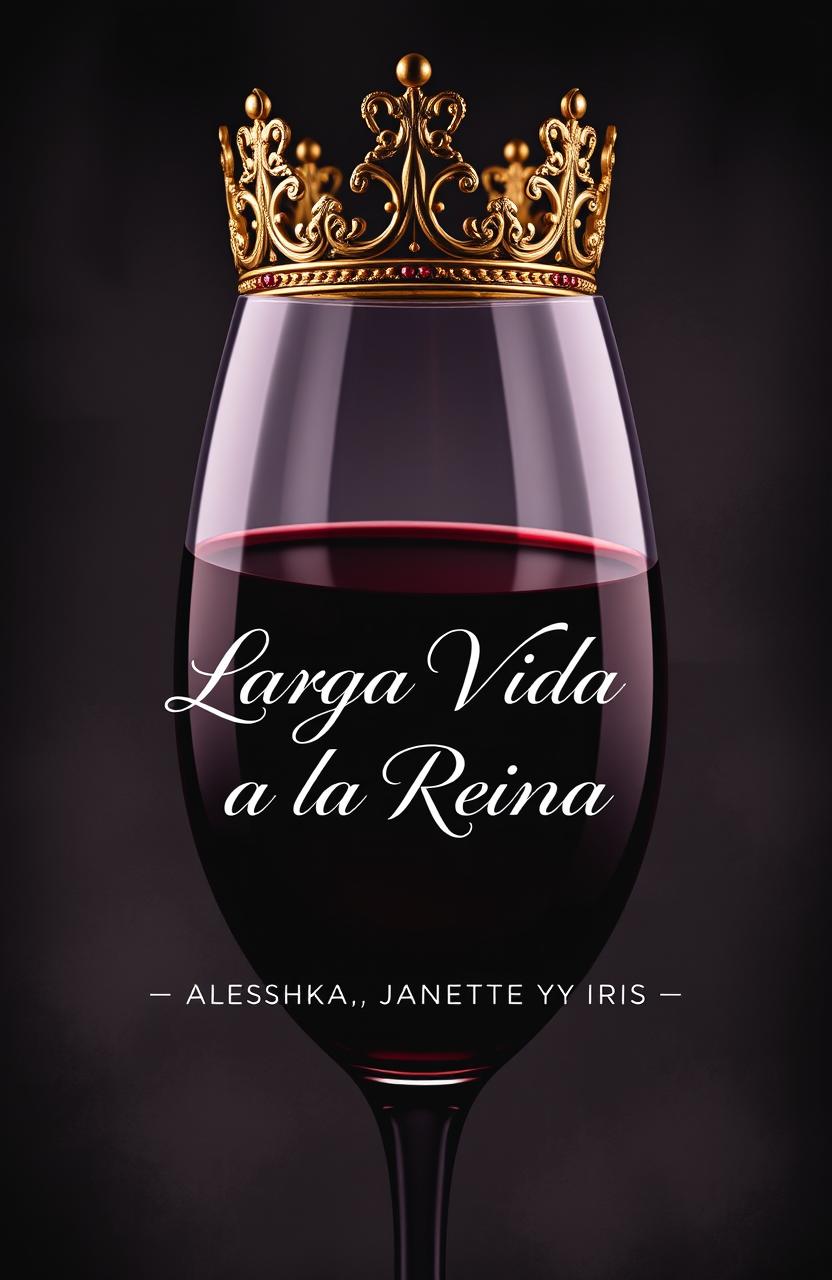 A captivating book cover design for a romance and suspense novel titled "Larga Vida a la Reina" in Spanish, featuring a dark and moody color palette to evoke a sense of mystery and intrigue