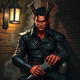 A striking half-demon man with a mischievous grin, dressed in dark, worn leather armor that shows signs of frequent adventures