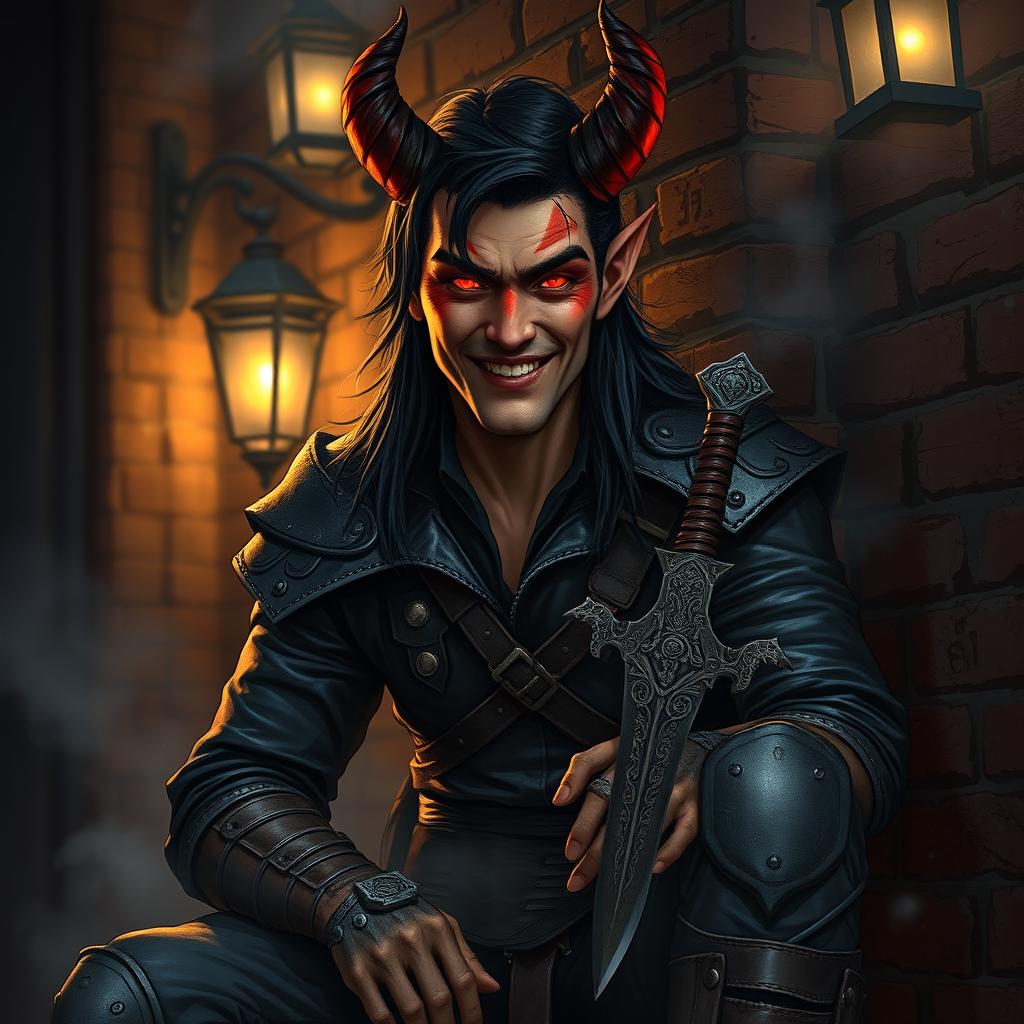A striking half-demon man with a mischievous grin, dressed in dark, worn leather armor that shows signs of frequent adventures