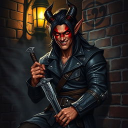 A striking half-demon man with a mischievous grin, dressed in dark, worn leather armor that shows signs of frequent adventures