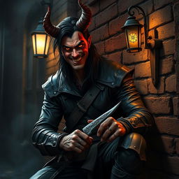 A striking half-demon man with a mischievous grin, dressed in dark, worn leather armor that shows signs of frequent adventures