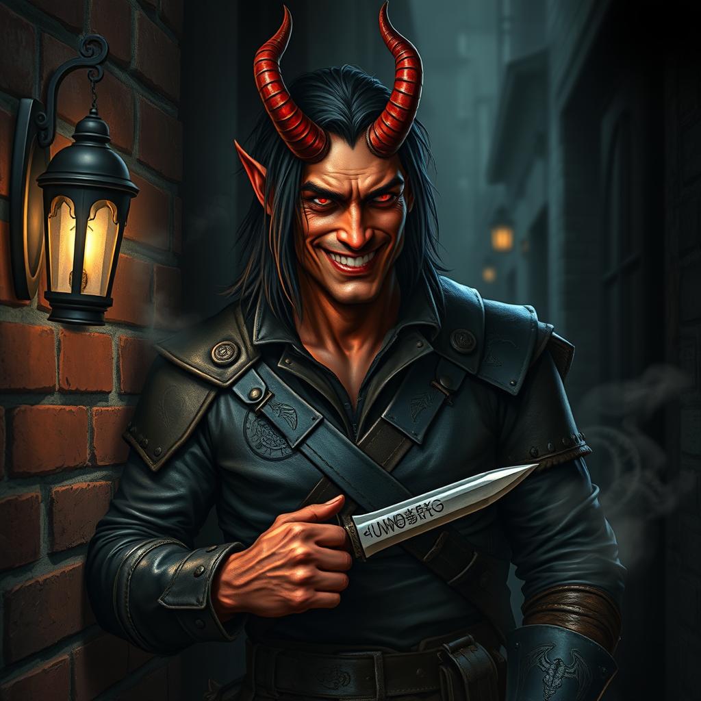 A striking half-demon man with reddish skin, featuring a mischievous grin and dressed in dark, worn leather armor that displays signs of numerous adventures