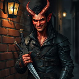 A striking half-demon man with reddish skin, featuring a mischievous grin and dressed in dark, worn leather armor that displays signs of numerous adventures