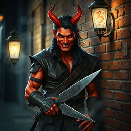 A striking half-demon man with reddish skin, featuring a mischievous grin and dressed in dark, worn leather armor that displays signs of numerous adventures