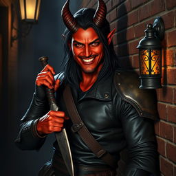 A striking half-demon man with reddish skin, featuring a mischievous grin and dressed in dark, worn leather armor that displays signs of numerous adventures
