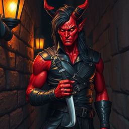 A visually striking half-demon man with red skin, embodying the essence of a rogue