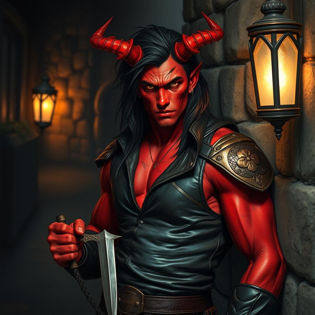 A visually striking half-demon man with red skin, embodying the essence of a rogue
