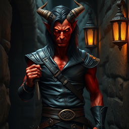 A visually striking half-demon man with red skin, embodying the essence of a rogue