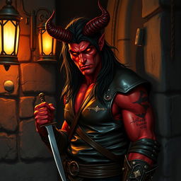 A visually striking half-demon man with red skin, embodying the essence of a rogue