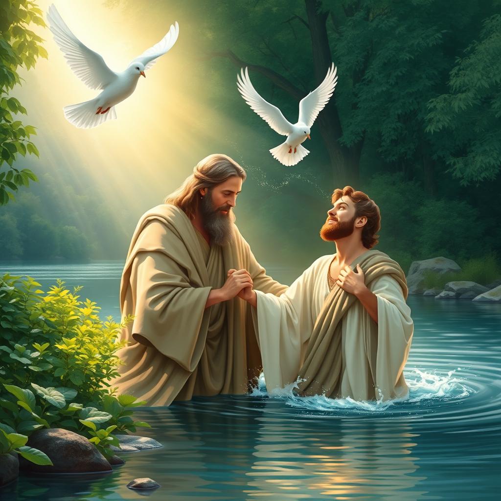 A serene scene depicting John the Baptist in flowing robes, gently baptizing Jesus in a river surrounded by lush greenery