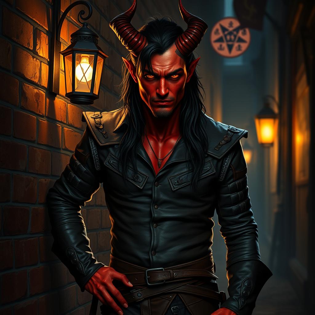 A captivating half-demon man with striking red skin, exuding a rogue's charm