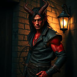 A captivating half-demon man with striking red skin, exuding a rogue's charm