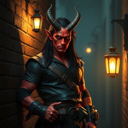 A captivating half-demon man with striking red skin, exuding a rogue's charm