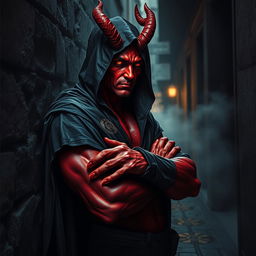 A captivating half-demon man with vivid red skin, embodying the essence of a rogue