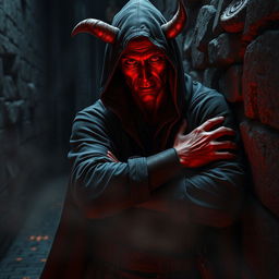A captivating half-demon man with vivid red skin, embodying the essence of a rogue