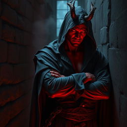 A captivating half-demon man with vivid red skin, embodying the essence of a rogue