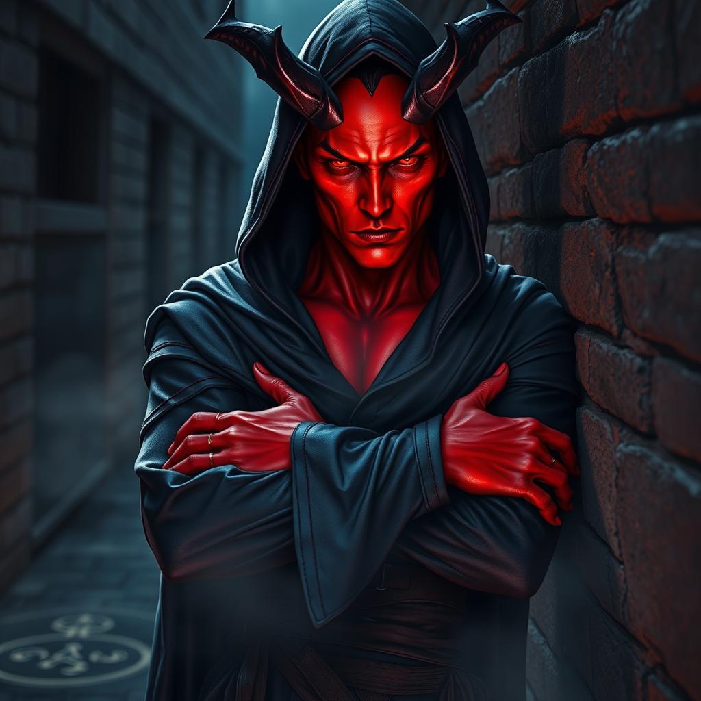 A captivating half-demon man with vivid red skin, embodying the essence of a rogue