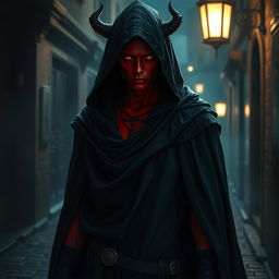 A captivating half-demon rogue with vivid red skin, enveloped in a flowing black cloak with a deep hood that casts a shadow over his face