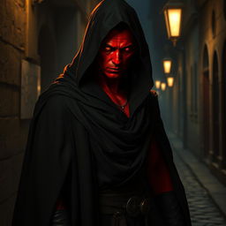 A captivating half-demon rogue with vivid red skin, enveloped in a flowing black cloak with a deep hood that casts a shadow over his face