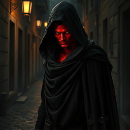 A captivating half-demon rogue with vivid red skin, enveloped in a flowing black cloak with a deep hood that casts a shadow over his face