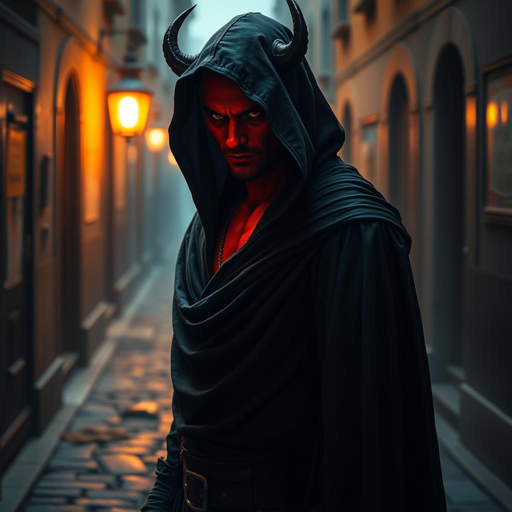 A captivating half-demon rogue with vivid red skin, enveloped in a flowing black cloak with a deep hood that casts a shadow over his face