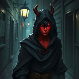 An intriguing half-demon rogue with vibrant red skin and striking black hair that falls in wild, tousled strands around his face