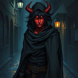 An intriguing half-demon rogue with vibrant red skin and striking black hair that falls in wild, tousled strands around his face